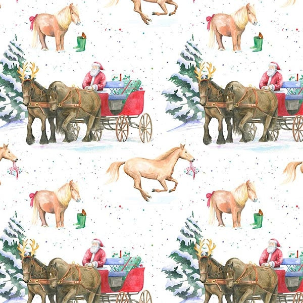 Horse Christmas Themed Quality  Gift Wrapping Paper 2 Sheets 2 Tags Hand Painted